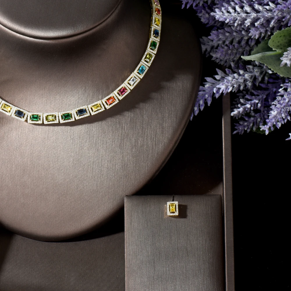 HIBRIDE потрясающий большой карат квадратный CZ Кристалл ожерелье и серьги роскошный