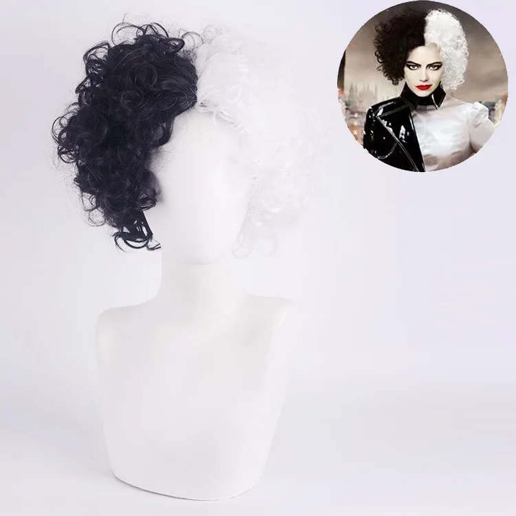 Anime 35CM Movie Cruella de Vil Cruella Wig Emma Stone Short Black White Curly Hair Wigs Cosplay Props