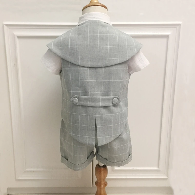 

Fashion Baby Boy Suit Clothes Kids Outfits Set Infant Party Birthday Dresses Newborn Costume Shirt +Plaid Vest +Short+shawl +Bow