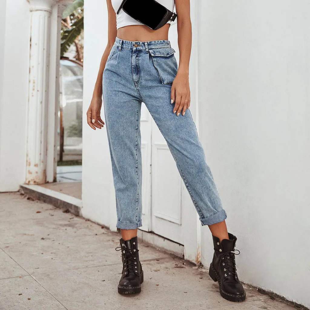 Женские джинсы 2020 с высокой талией женские прямые карманами свободные брюки