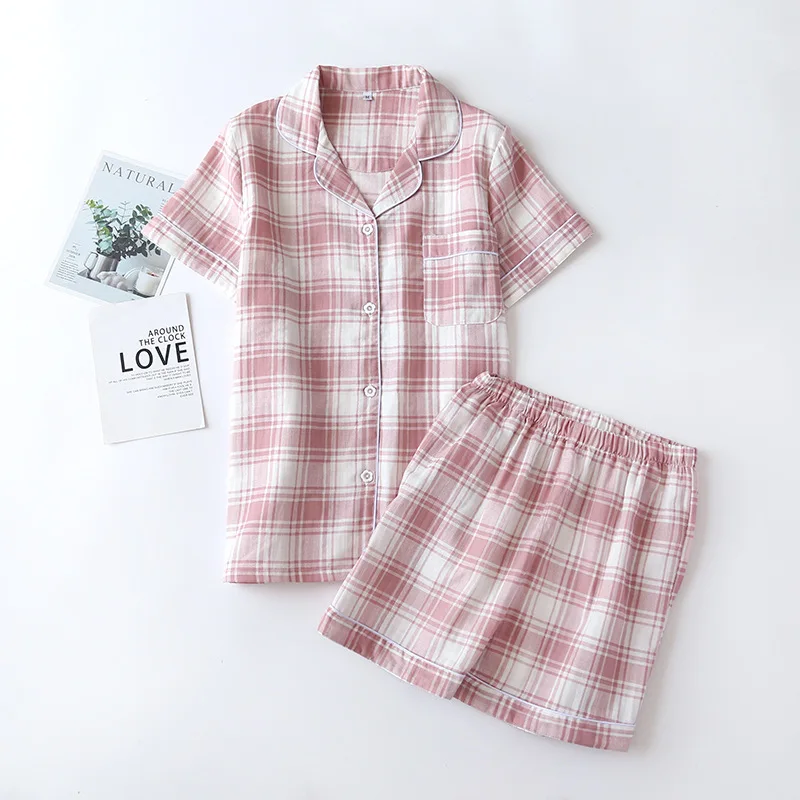 

Summer Couple Kimono Pajamas Set Cotton Plaid Print Short-sleeved Shorts Home Service Ladies Men's Causal Sleep Suit Yukata New