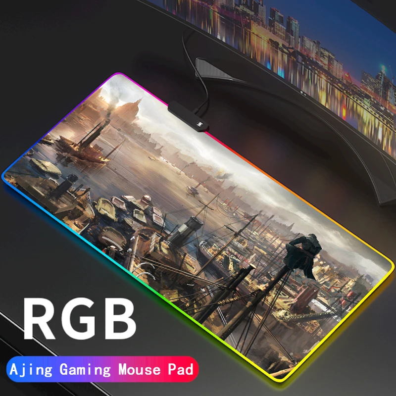 

RGB большой игровой компьютерный коврик для мыши с аниме «Кредо Убийцы», игровой коврик для мыши, настольный игровой коврик для ПК светодиодн...
