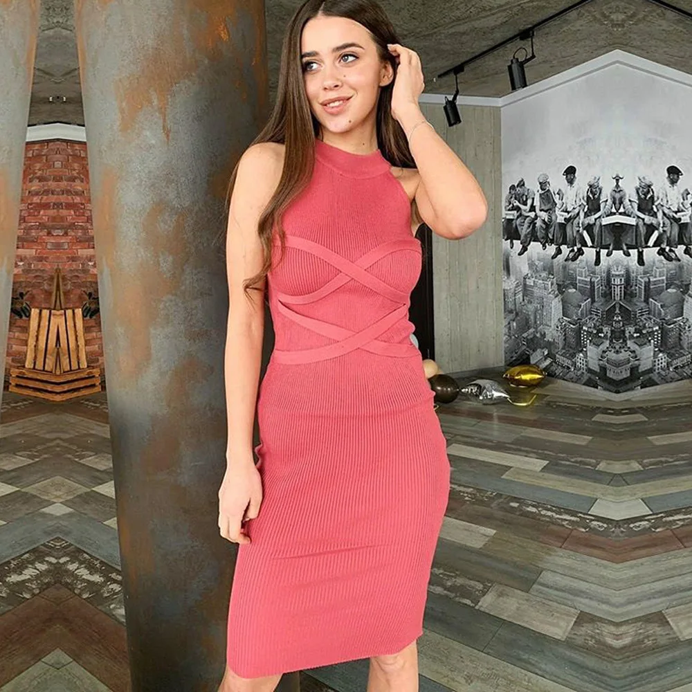 

2021 New Summer Red Women Bodycon Bandage Dress Elegant Tank Sexy Sleeveless Club Celebrity Evening Runway Party Dresses