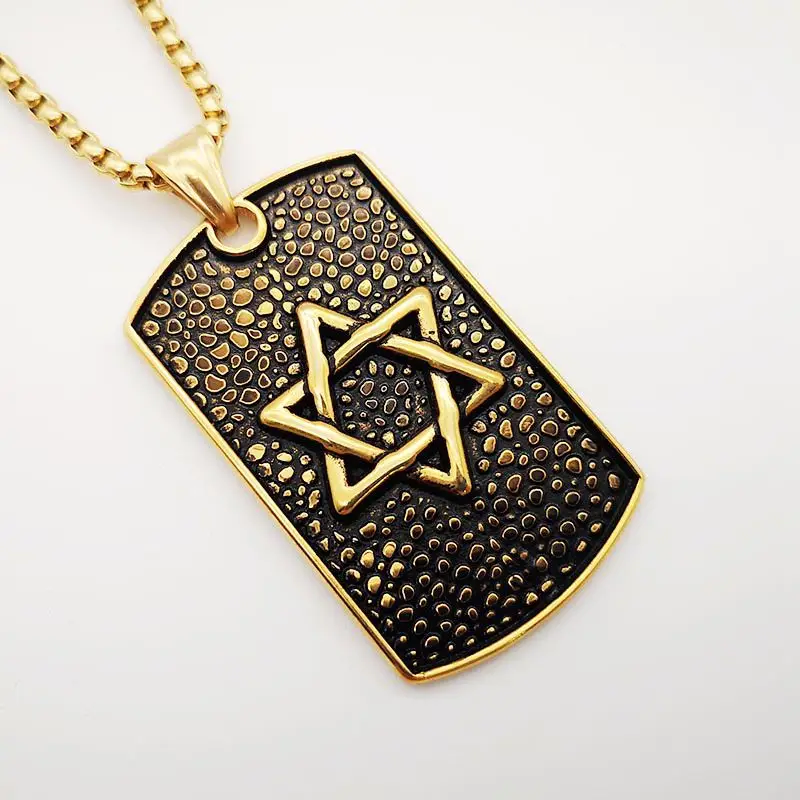 Retro Gold Color Stainless Steel Magan David Star Dog Tag Pendant Necklace Mens Jewish Star of David Necklace Fashion Jewelry