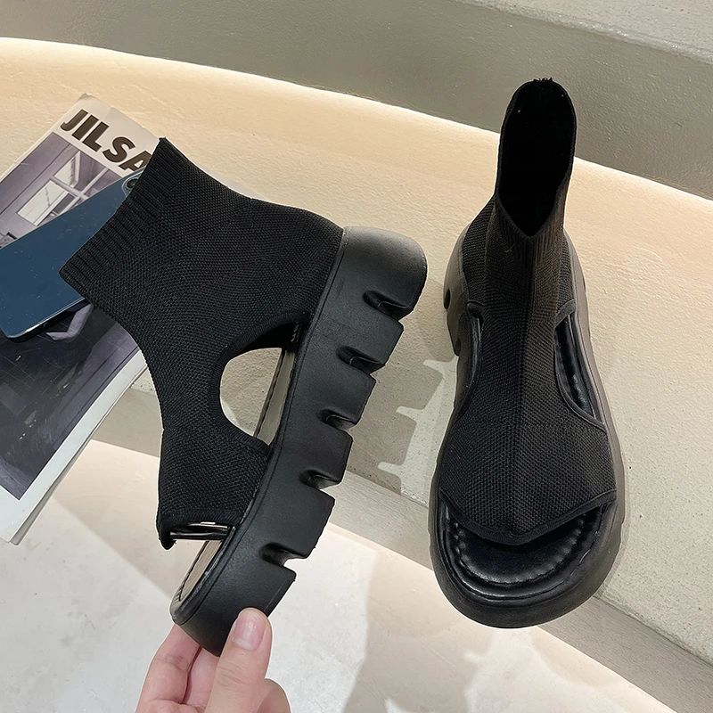 Thick-soled Fish Mouth Canvas Sandals Female 2022 Summer New Style Sponge Cake Breathable Fly Woven Mesh Hollow Roman Shoes