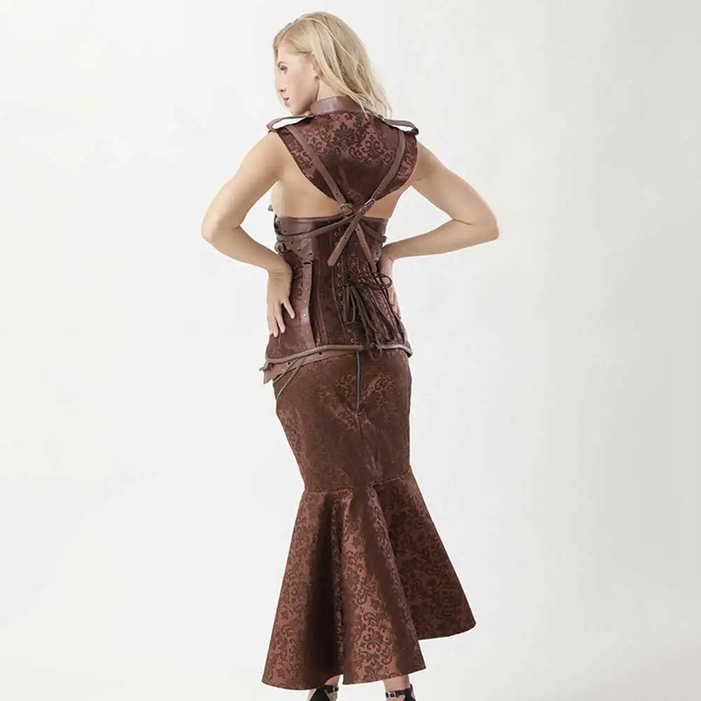 

Sladuo Retro Vintage Brown Leather Brocade Halter Steel Boned Underbust Corset Waist Trainer Plus Size 6XL Gothic Corselet