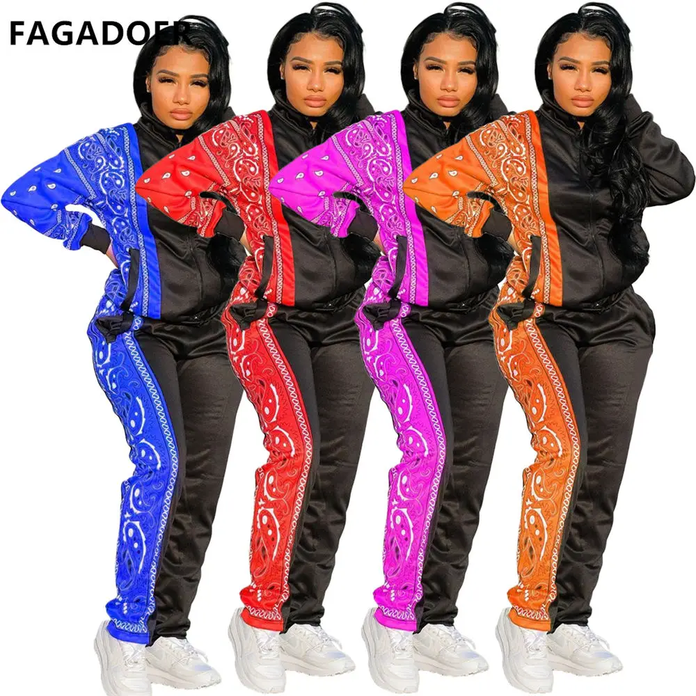 

Спортивные костюмы в стиле пэчворк FAGADOER Bandanna, осенне-зимний свитшот на молнии + спортивные штаны, повседневный спортивный костюм из двух пре...