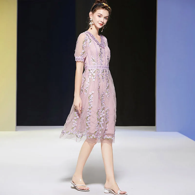 

Seifrmann Summer Women Fashion RunwayA-Line Dress Sexy V-Neck Embroidery Elegant Bodycon Ladies Party Midi Dresses vestidos