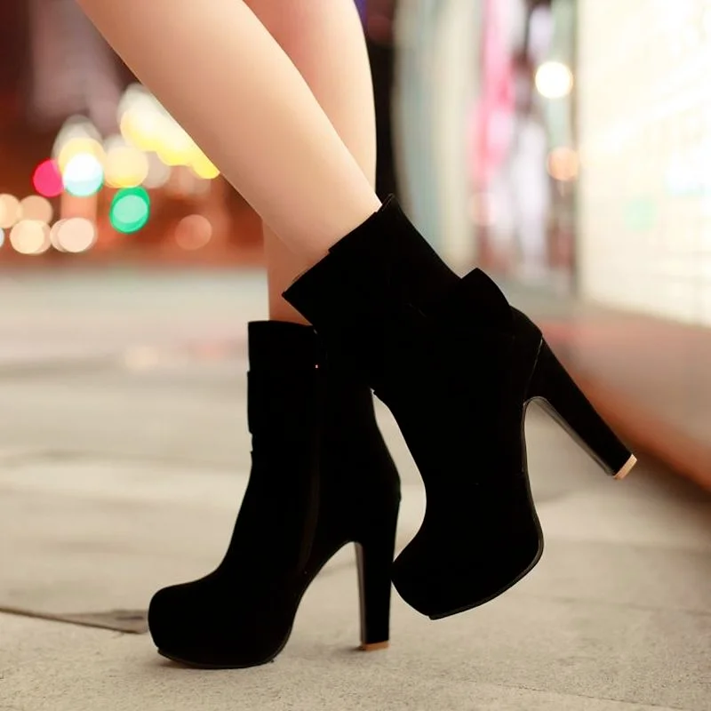 

XJRHXJR New Winter Shoes Woman Sweet Bow Boots Fashion High Heels Mid-calf Ladies Short Boots Korea Style Large Size Shoes