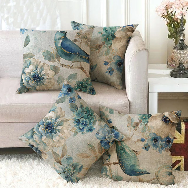 

Decorative Throw Pillow Cover Cotton Linen Pillow Case Blue Style Oil Painting Bird and Flower Pillowcase Cushion Cover 45*45