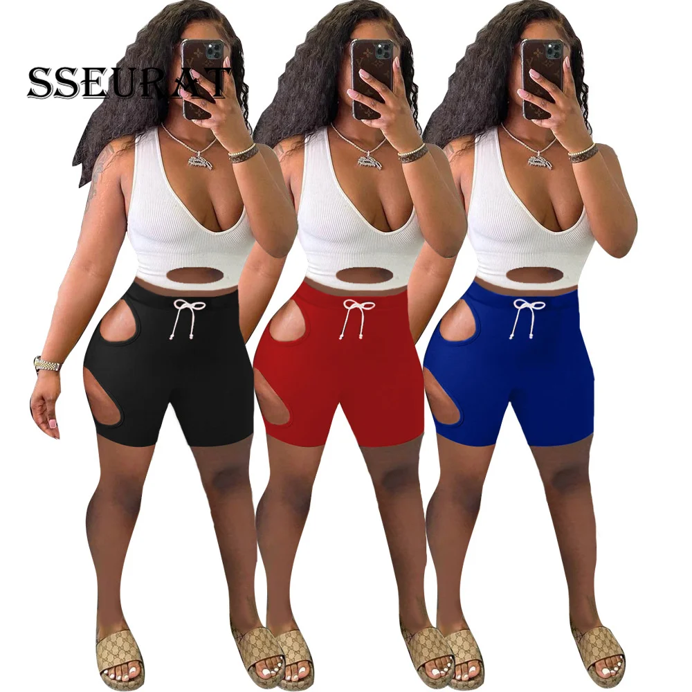 

SSEURAT Summer 2021 Women's Sportsuit Sexy Fashion Pure Color Hole Crop Navel Sleeveless Top + Tight Shorts Two Piece Sets