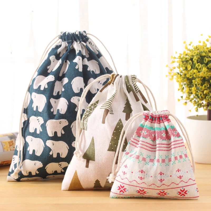 3 Size Cotton Linen Travel Drawstring Tote Flower Print Storage Bag Organizer Bag For Underwear Toy Storage Bag