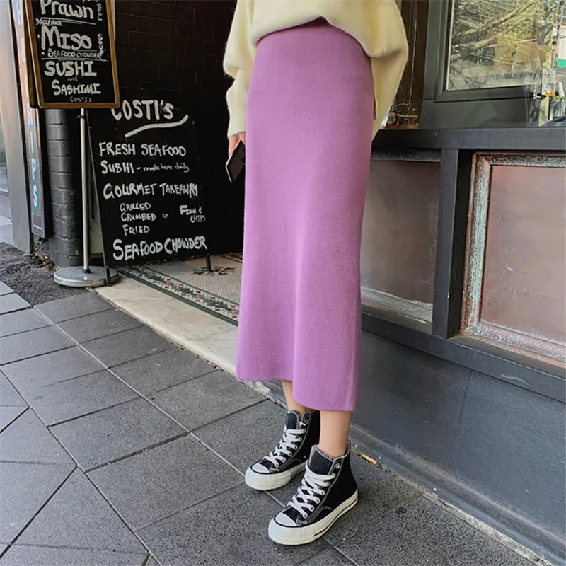 Женская длинная юбка карандаш с разрезом вязаная Лавандовая высокой талией на