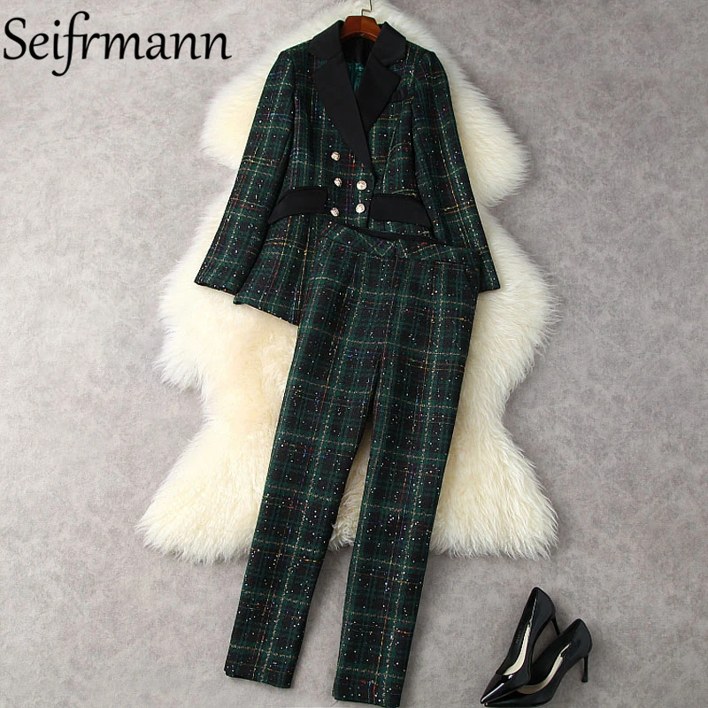 

Seifrmann New 2021 Autumn Women Fashion Designer Pants Set Long Sleeve Double Breasted Coats + High Waist Print Long Pants Suits