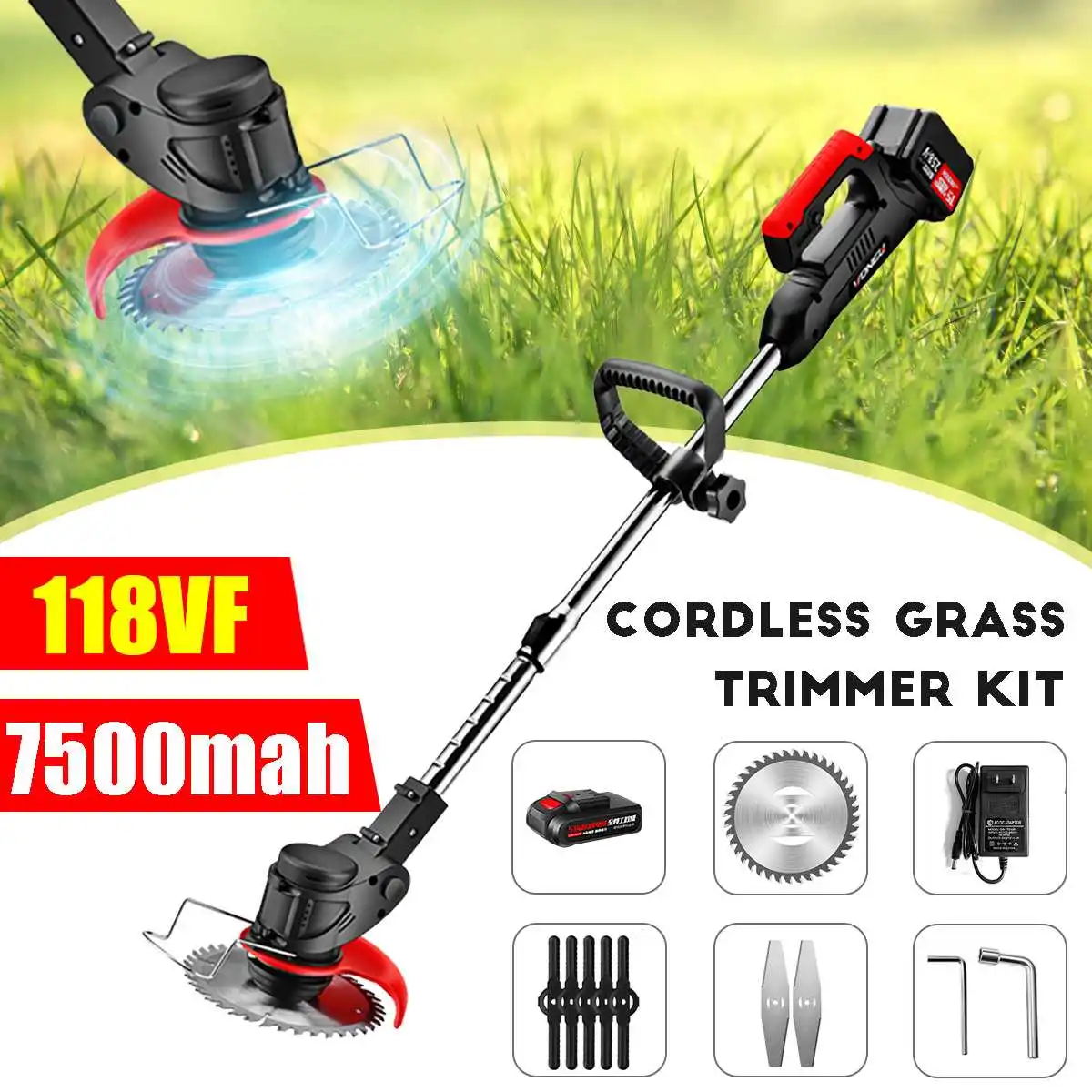 118VF Electric Grass Trimmer Cordless Lawn Mower Auto Release String Cutter Pruning Garden Tools with 7500mah Battery