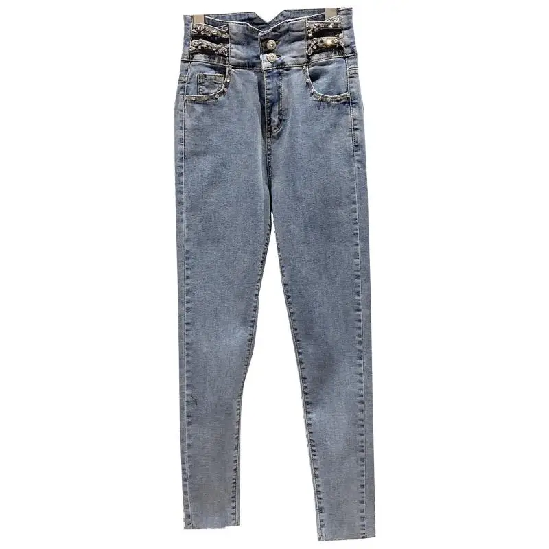 

2021 Spring New Fashion Rhinestone Beaded High Waist with Straps Slim Pencil Jeans Women's Fashion Denim Pants