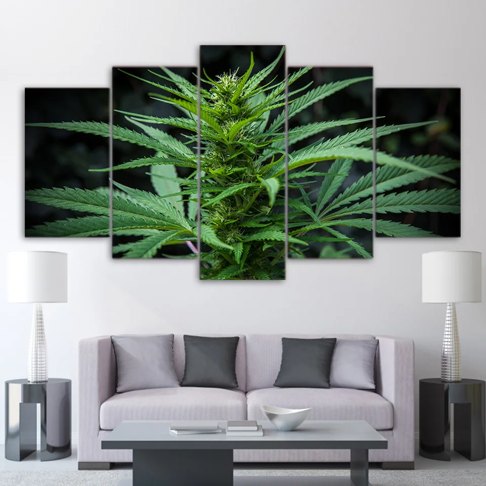 5 Piece Green Leaf Maple Canvas Art HD Print Green Plants Weeds Posters Wall Picture for Living Room Modular Home Decor - Цвет: UP-2070C