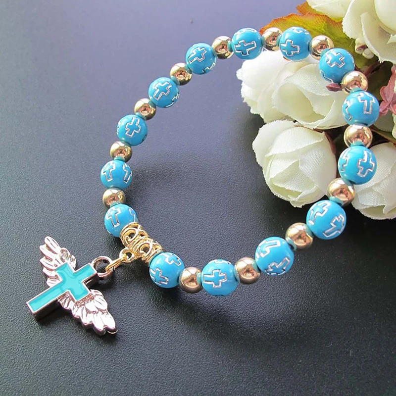 

Handmade White Red Blue Acrylic Beads Bracelet for Women Jesus Christ Cross Prayer Bracelet Angel Wing Baptism Chaplet Bracelet