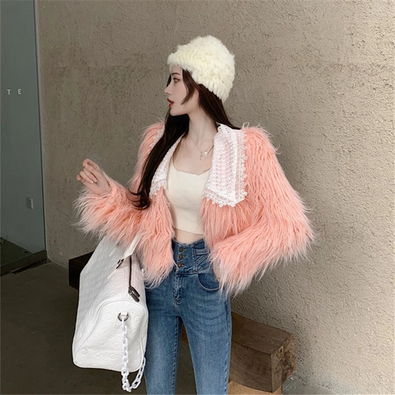 

Short fur integrated fur green fur coat women's autumn winter versatile short lace Lapel top