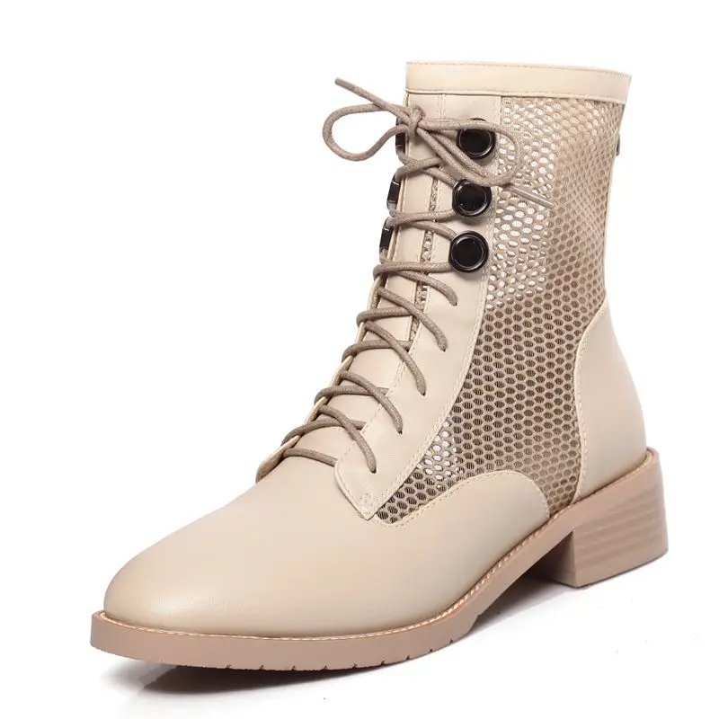 

AGODOR Big Size 34-43 Women Ankle Booties Summer Boots Square Mid Heel Cut Out Lace Up Ankle Booties Women Shoes Ladies Boots