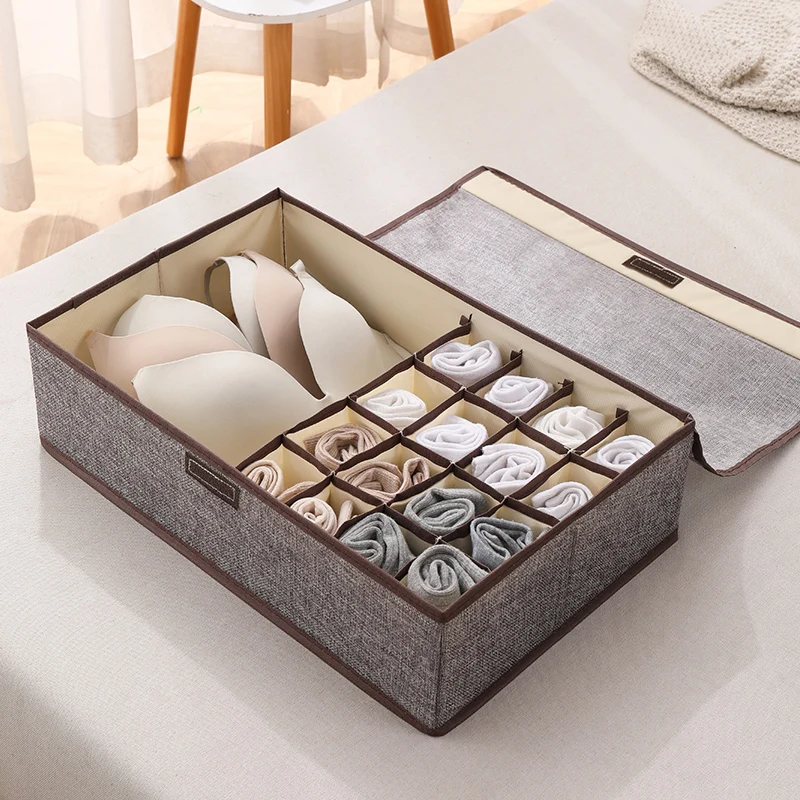 

Underwear Bra Organizer With Lid Foldable Closet Storage Boxes For Undies, Socks, Scarves and Lingerie There are 13 and 17 grids