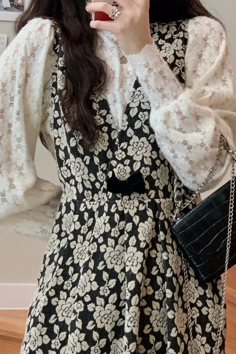 Корейское жаккардовое платье с завышенной талией платье-жилет бантом кружевная