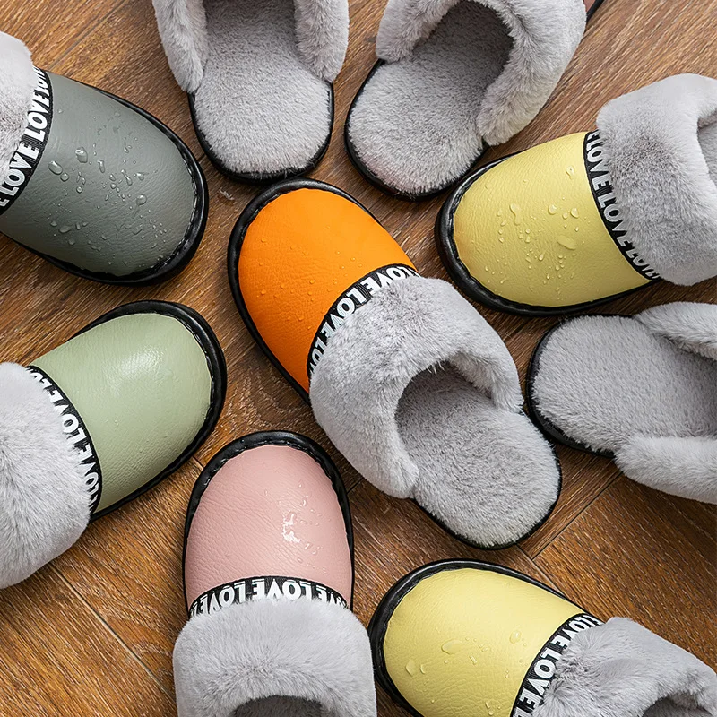 

Cotton slippers female ins autumn and winter home indoor warm non-slip thick bottom male PU leather plush slippers for children