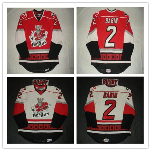 

Albany River Rats 15 Brad Isbister 2 Noah Babin Ice Hockey jersey Embroidery Stitched Customize any number and name