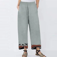 2021 vintage elastic waist pocketed cotton linen loose straight casual trousers women wide legs summer geometry print pants new