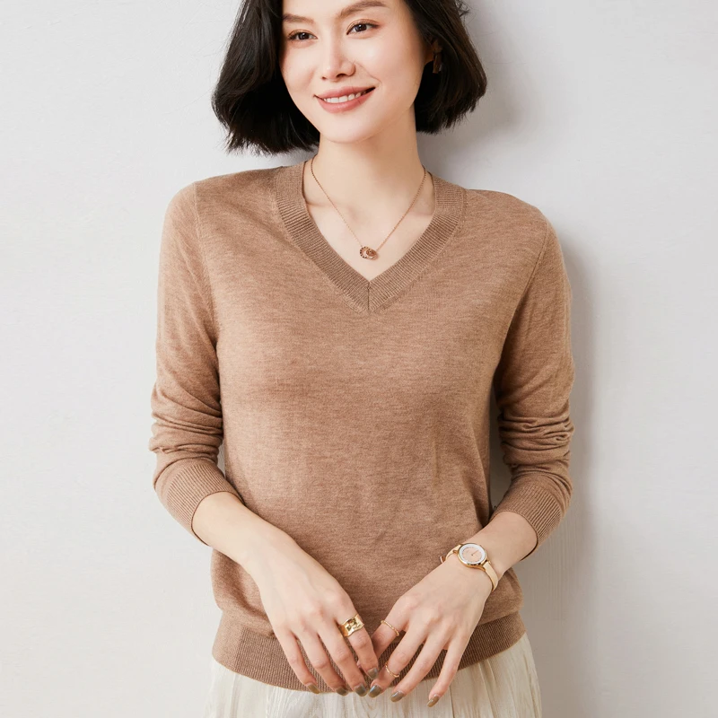Sweater women spring 2021 new casual solid color sweater women slim knit sweater V-neck cashmere pullover wool top
