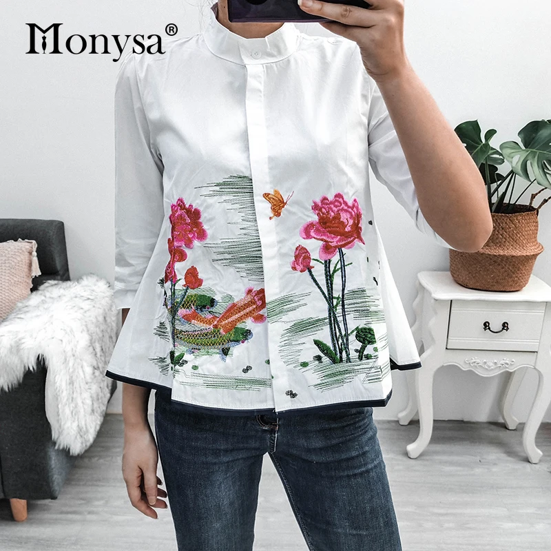Женская блузка с цветочной вышивкой элегантная Свободная Повседневная рубашка