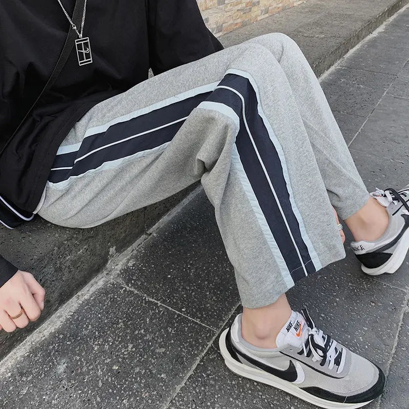 

2020 Autumn Young Men's Straight Tube Sagging Loose Korean Fashion Splicing Sports Wide Leg Casual Pants Size M-3XL