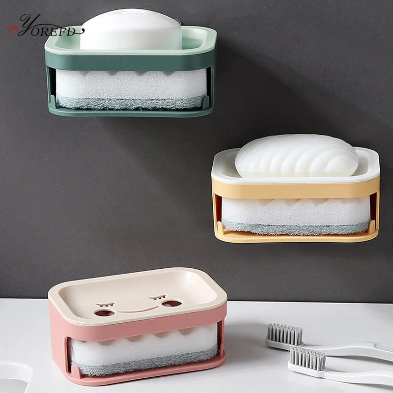 

OYOREFD Cartoon Wall Mounted Double Layer Soap Holder Bathroom Drain Soap Box Plastic Sponge Soap Dish Bathroom Accessories
