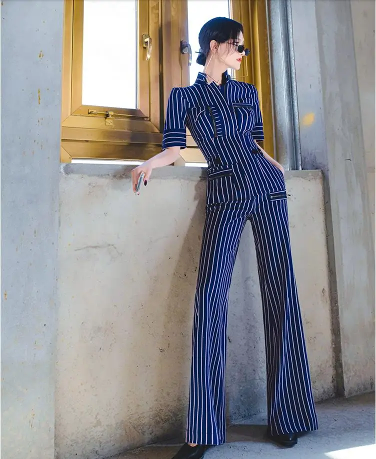 new summer office lady Fashion casual brand female women girls striped jumpsuits clothing