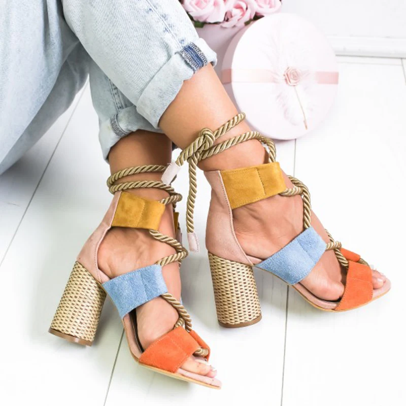 New Women Sandals Shoes Mixed Colors Lace-Up Flock Shallow Round Heels 7CM Thick High Casual Female Pumps Plus Size | Обувь