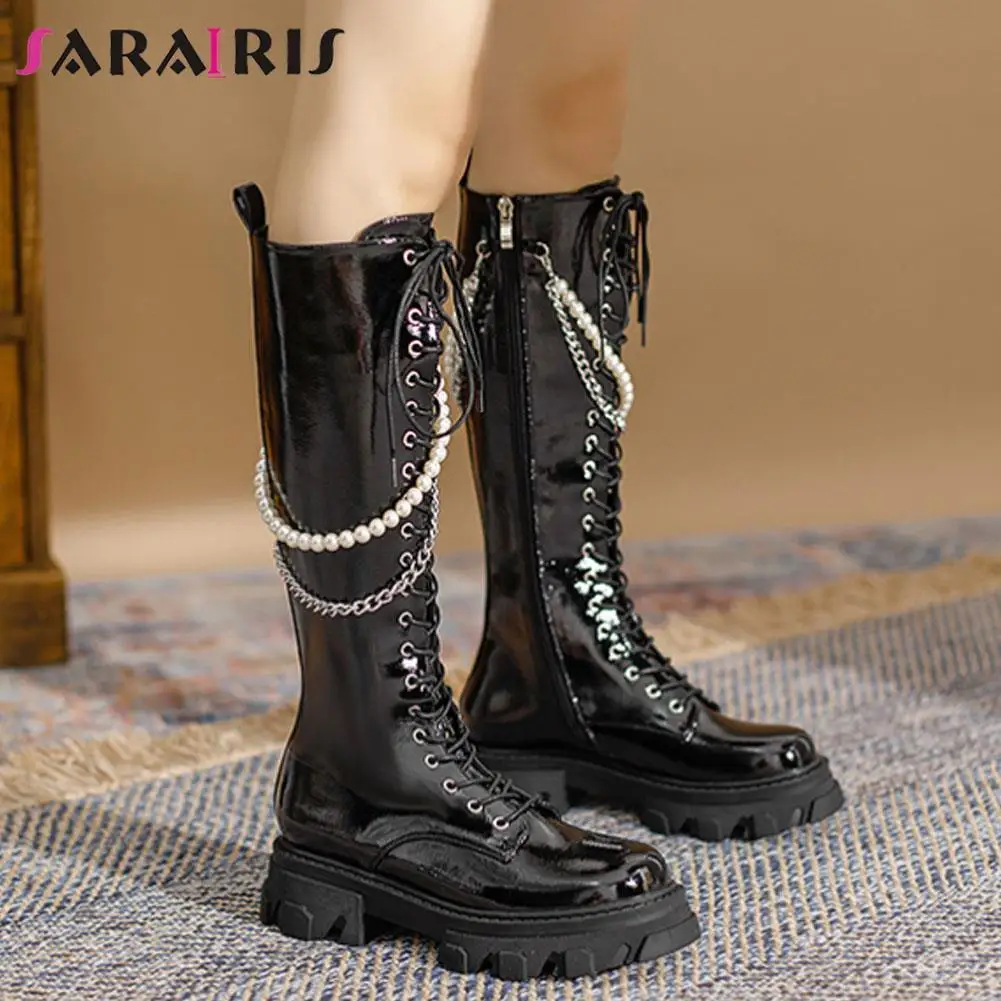 

SaraIris 2021 New Arrivals Solid Lace Up Zipper Chain Med Heel Platform Knee High Boots Trendy Cool women's Motorcycle Boots