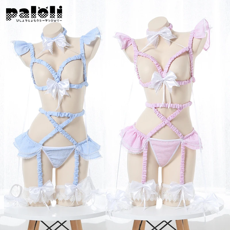 Paloli Cute Maid Sweet Plaid Uniform Set Gothic Pink Blue Chiffon Harness Garter Sexy Open Bust Top Bondage Body Cage Lingerie