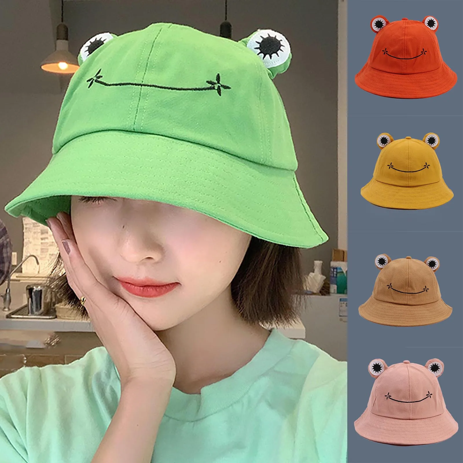 

Fashion Cute Frog Bucket Hat for Women Summer Plain Women Panama Outdoor Hiking Beach Fishing Cap Sunscreen Female Sunhat Bob