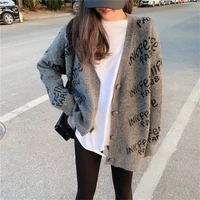 v neck women button black houndstooth cardigan 2022 long sleeve sweater autumn winter knitted loose oversized jumper casual