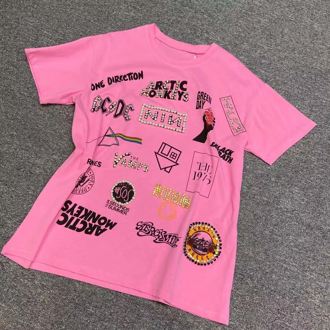 

2021 Summer Thin Material New Short Sleeve T-shirt 2023 Korean Leisure European Heavy Industry Diamond Round Neck Pullover