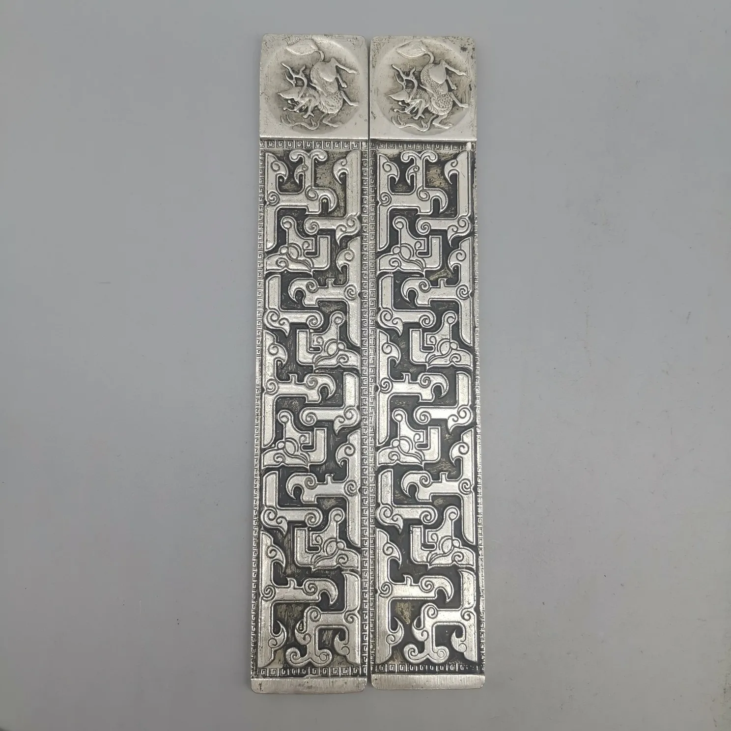

7.4" Collect China Paktong Kylin Fretwork Ancient Dragon Romantic Charm Poetry Paper Weight Pair Study Supplies Home Decor #4