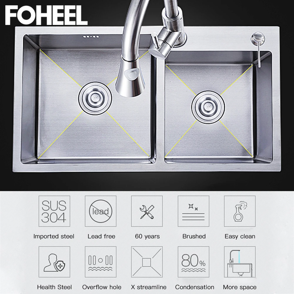 foheel double kitchen sink drain basket rectangular sink for kitchen 780x430mm sink for home easy use stainless steel free global shipping