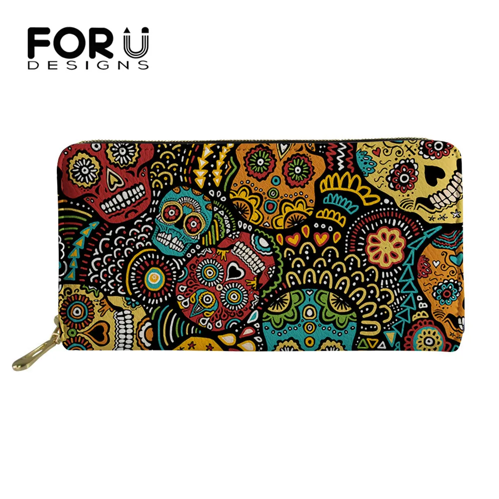 

FORUDESIGNS Gothic Sugar Skull Pattern Purse With Zipper For Women Female Pu Leather Long Credit Card Holder Lady Passport Cover