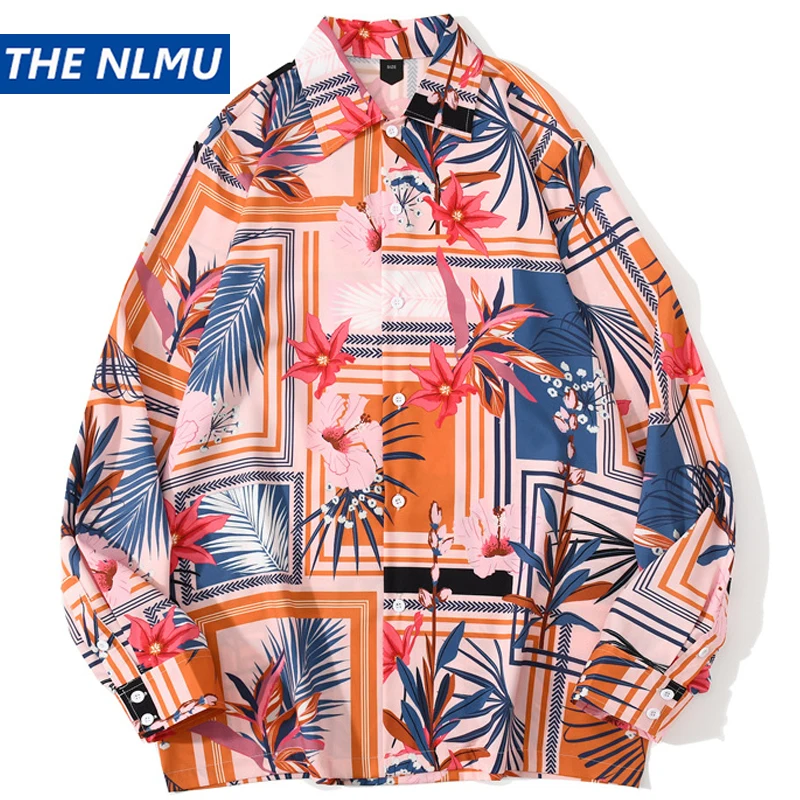 

Рубашки в клетку с цветочным принтом и длинными рукавами, Гавайские пляжные рубашки в стиле хип-хоп, уличная Мужская Повседневная Блузка в с...