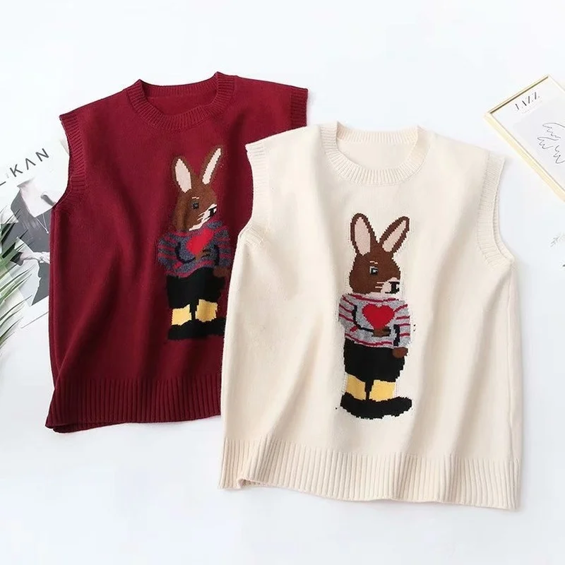 

Женский жаккардовый свитер Harajuku с мультяшным Кроликом, милый вязаный пуловер, зимний Мягкий Топ без рукавов в Корейском стиле, 2021