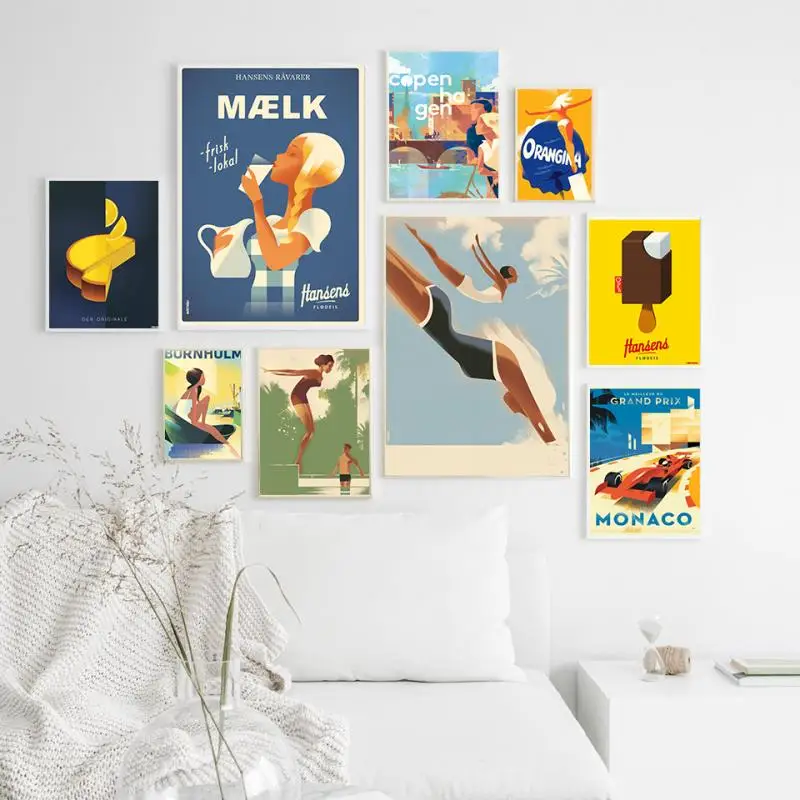 

Summer Travel Retro Canvas Painting Swimming Drinking Milk Wall Art Posters and Prints Interior Decor Living Room Wall Pictures