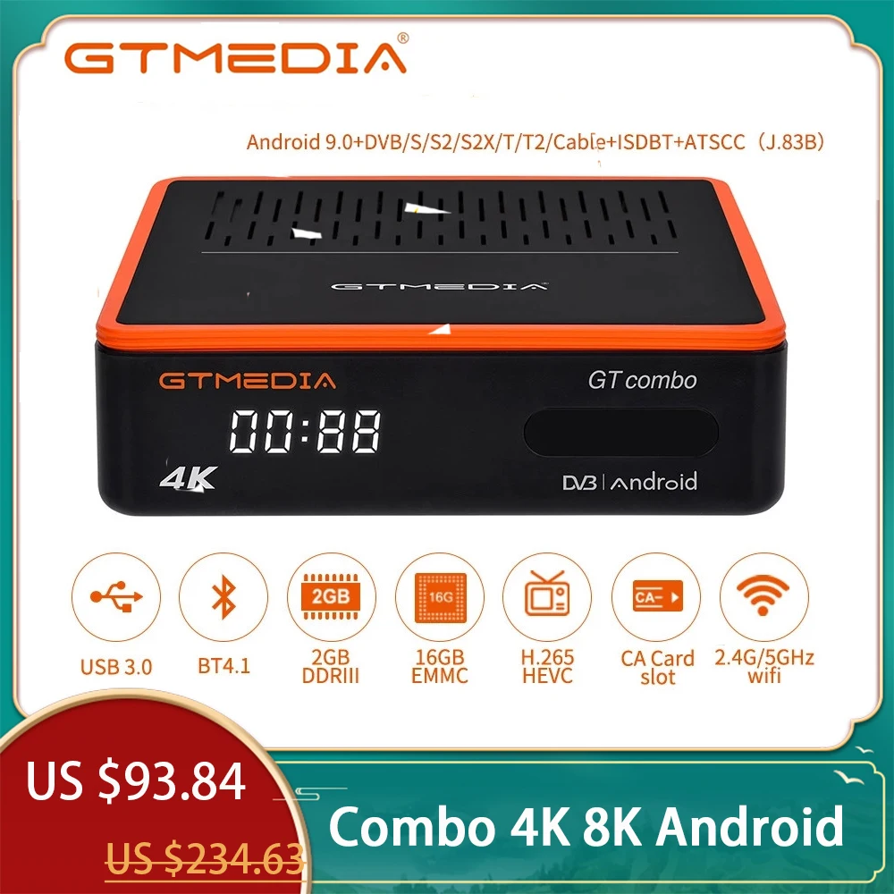 

ТВ-приставка GTMEDIA GT Combo 4K, 8K, Android 9,0, телефонный кабель 2 ГБ + 16 ГБ, спутниковый ресивер M3U Ccam, встроенный Wi-Fi PK GTC, ТВ-приставка