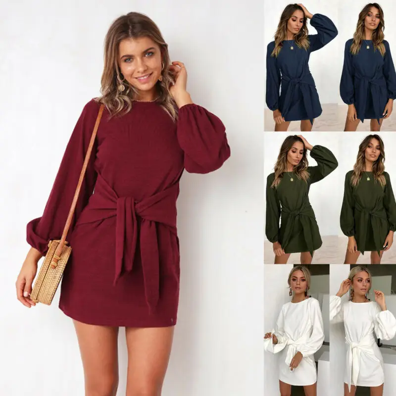 

Womens Long Puff Sleeve A-Line Mini Dress Waist Wrap Office Work Short Dresses