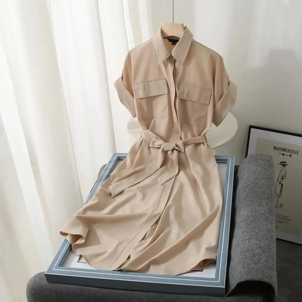 

Women Slim Elegant Office Lady Shirt Dress Female England Vestidos Simple Sashes Pocket Maxi Dress For Party New Year