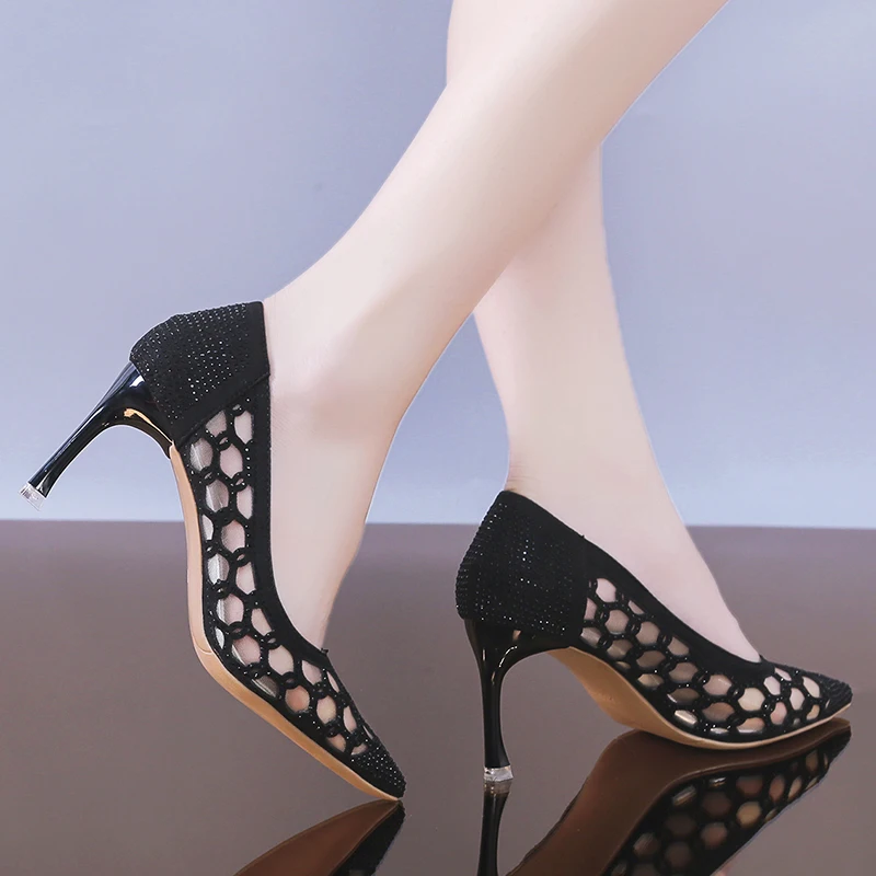 

Woman Sexy Ladies Point Toe Mesh Cut Out Summer Shoes Gold Black Women Pumps Fashion High Heels Stiletto Party Shoes